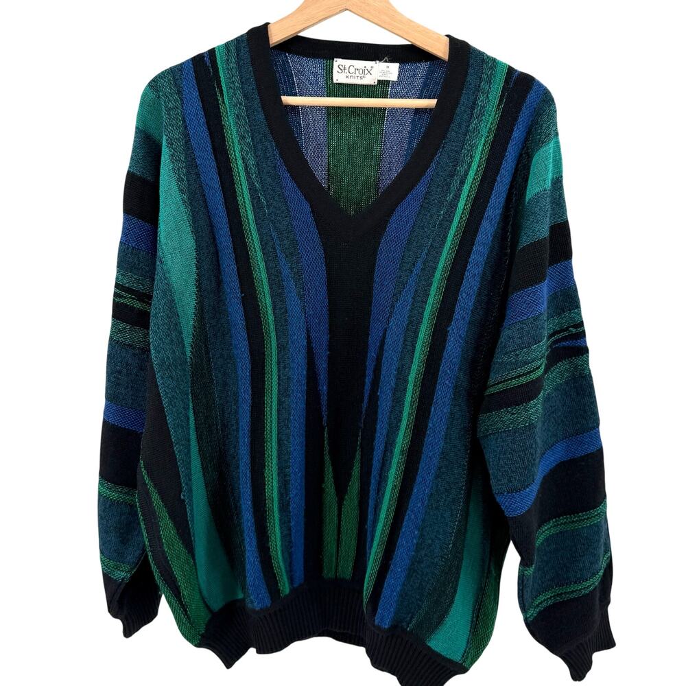 Vintage 90s St. Croix Knits Blue Green Textured Stripe V-Neck Sweater